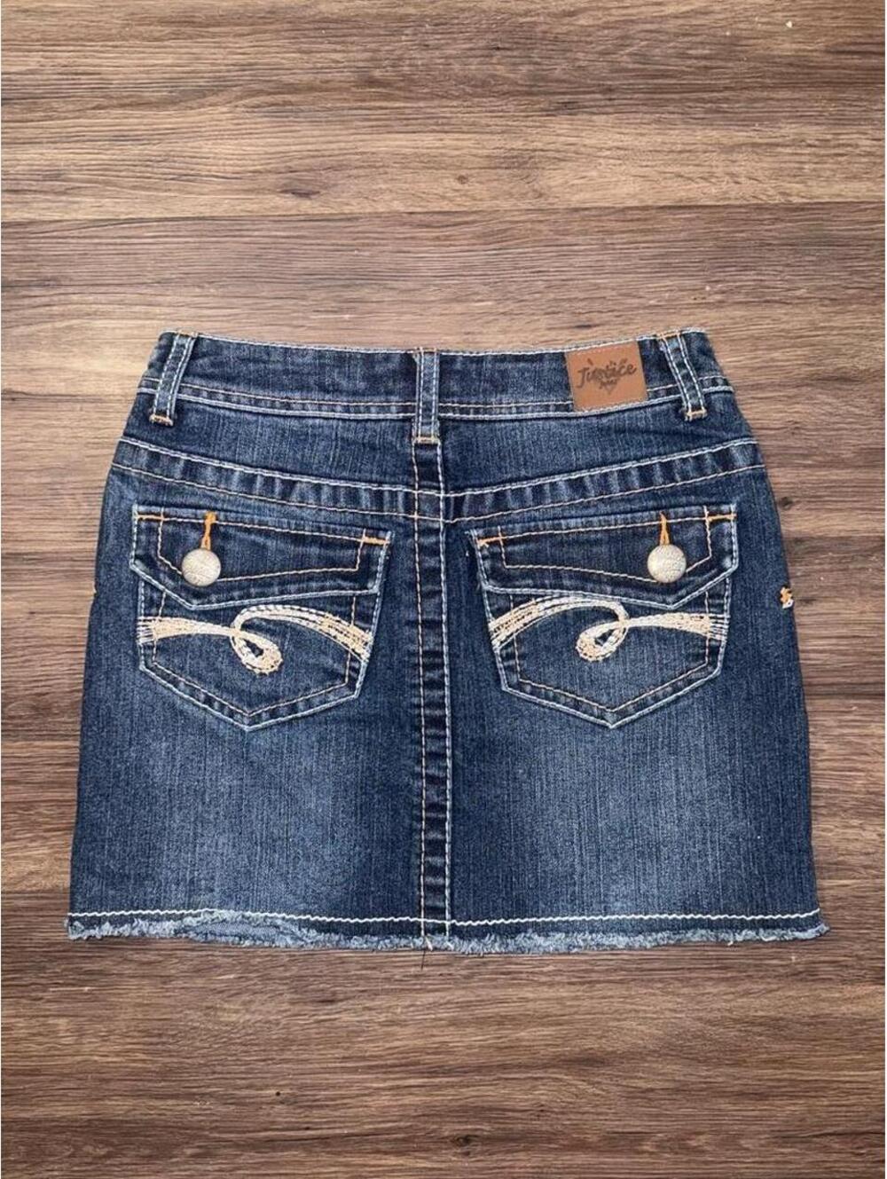 Justice Jeans Y2K Dark Wash Denim Mini Skirt | Embroidered Pocket Jean Skirt